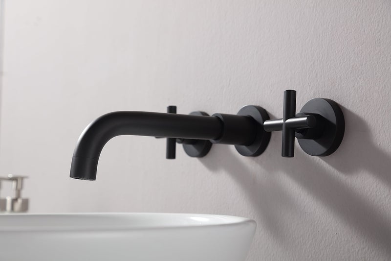 SITGES Matte Black Bathroom Faucet, Double Handle Wall Mount Bathroom Sink Faucet and Rough in Valve Included (Matte Black) - Image 5